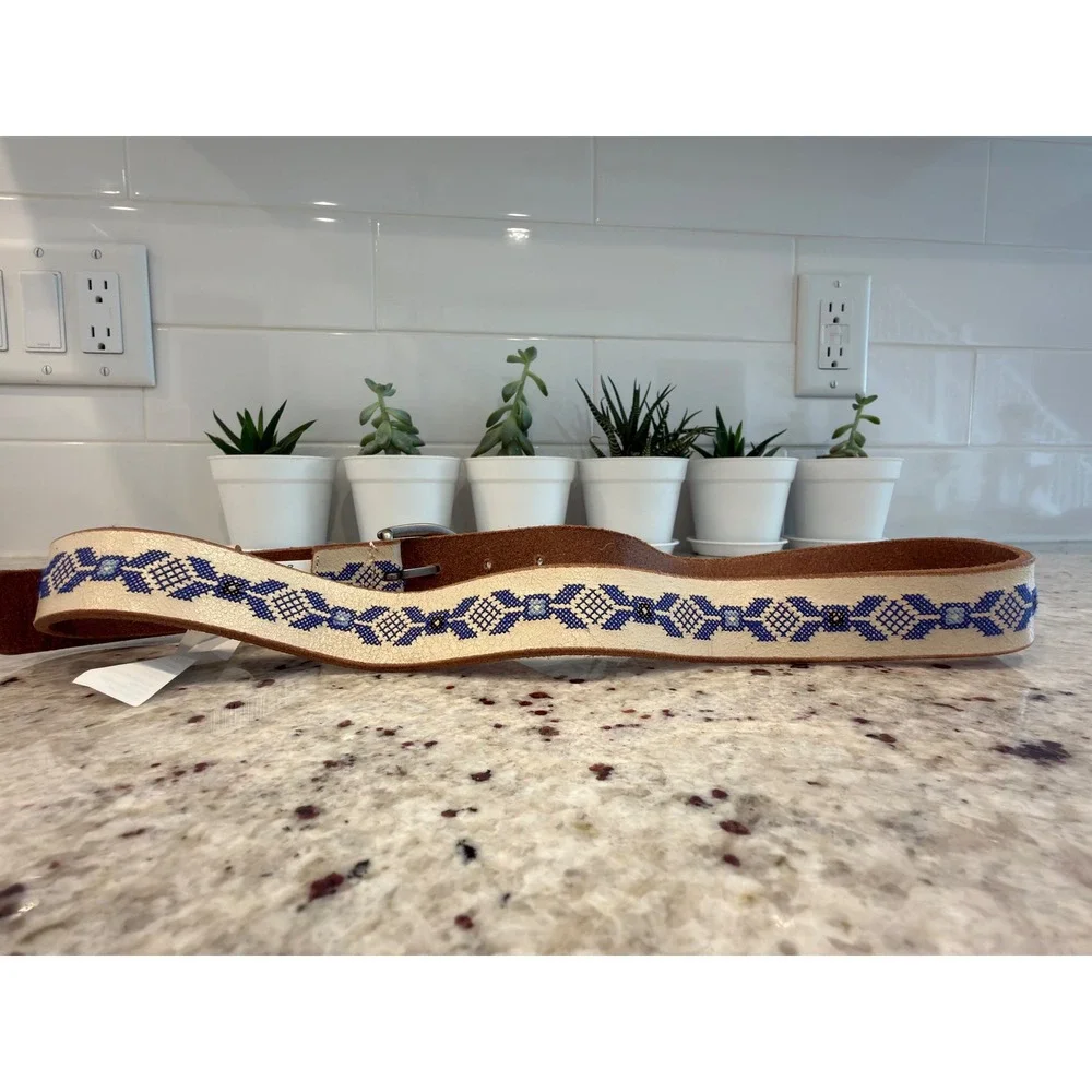 American Eagle S/P Cream Embroidered Leather Belt – 100% Buffalo Leather‎